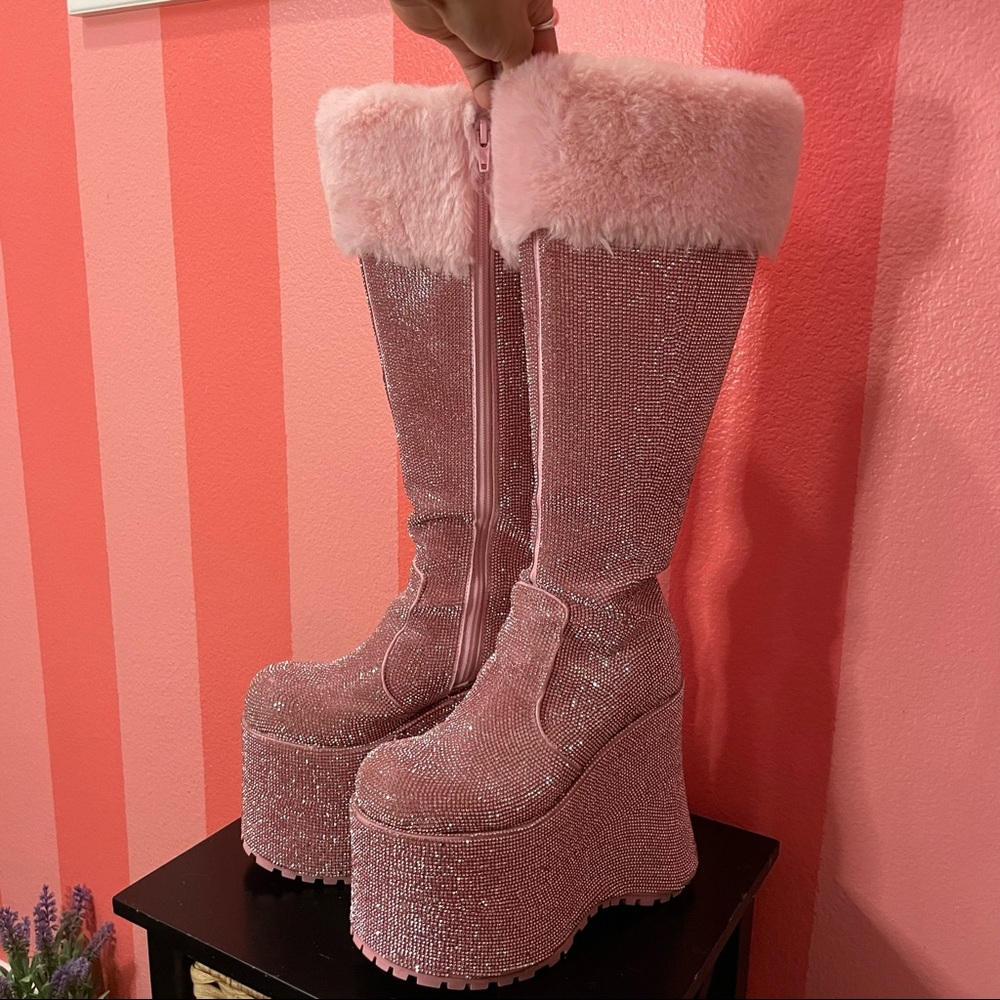 Dolls kills rave pink platform rhinestone boots.